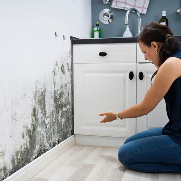Femme découvrant des moisissures vertes sur le mur de sa cuisine près d'un meuble bas