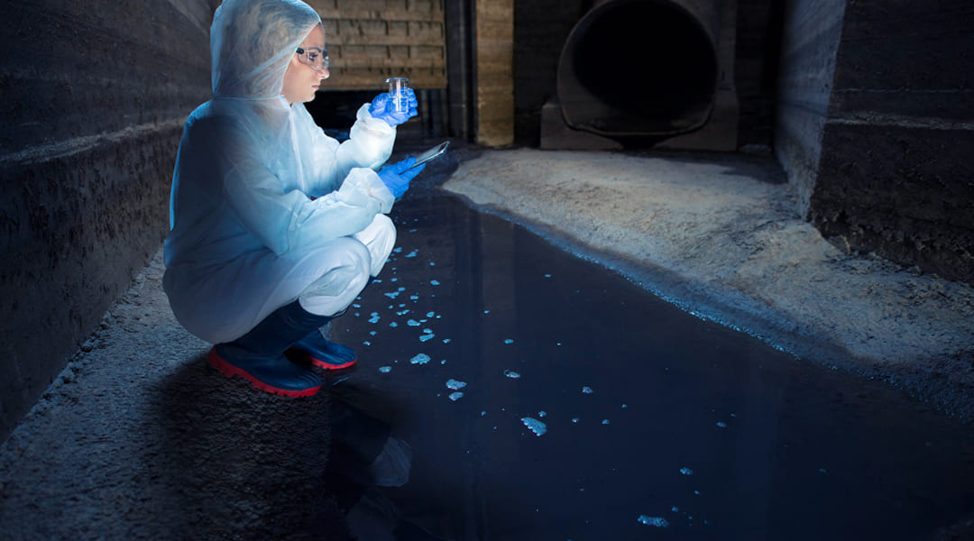 Technicienne en combinaison de protection analysant une infiltration d'eau dans un sous-sol pour détection de pyrite